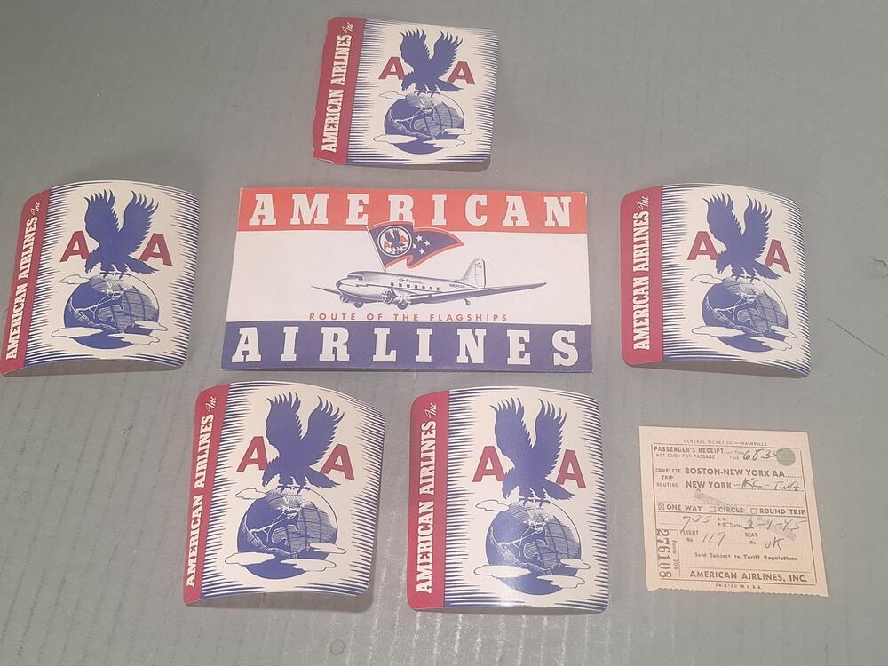 American Airlines WWII Era Ephemera Luggage Decals Ticket Brochure Set